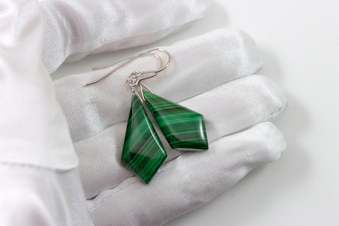 Green Malachite Earrings Green Long smooth Natural Dangle Drops Sterling Silver or 14k Solid Gold or Yellow or Rose Filled simple Triangle