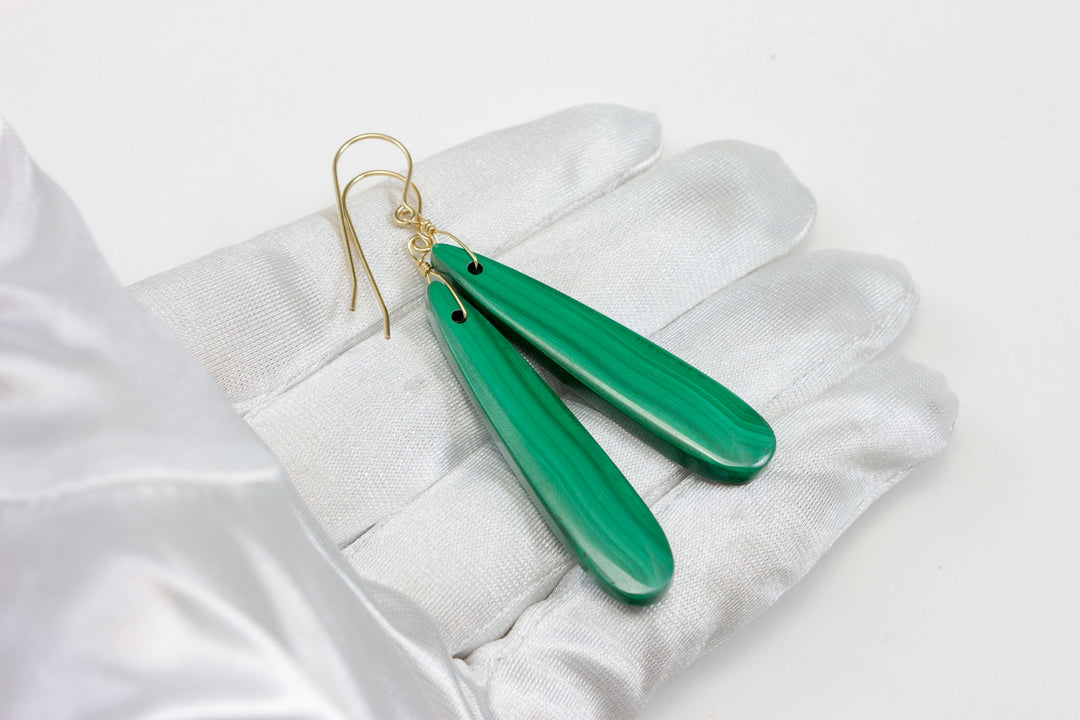 Green Malachite Earrings Green Long Contemporary Natural Striped Drops Sterling Silver or 14k Solid Gold or Yellow or Rose Filled 2.3 Inch