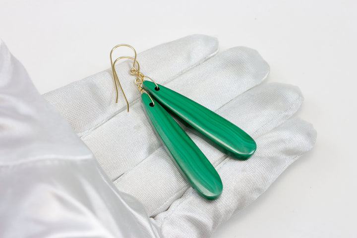 Green Malachite Earrings Green Long Contemporary Natural Striped Drops Sterling Silver or 14k Solid Gold or Yellow or Rose Filled 2.3 Inch