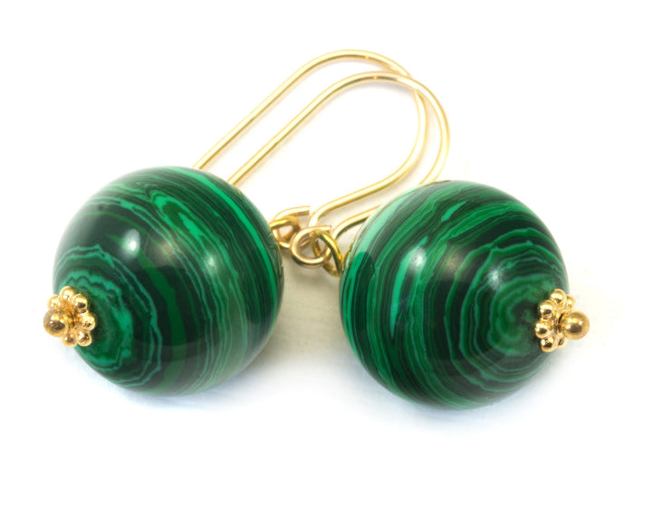 Malachite Earrings Green Round 12mm Dangle Drops Sterling Silver or 14k Gold Filled Classic Shape Simple Daily Wear Spyglass Designs