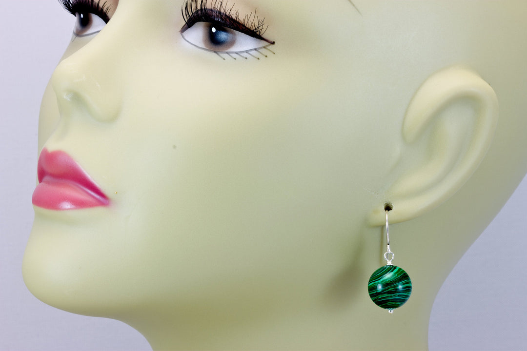 Malachite Earrings Green Round 12mm Dangle Drops Sterling Silver or 14k Gold Filled Classic Shape Simple Daily Wear Spyglass Designs
