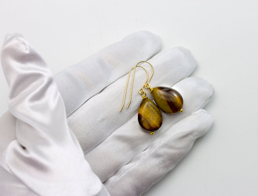 Tiger's Eye Earrings Smooth Dainty Teardrops dangle Sterling Silver or 14k Solid Yellow Gold or Filled Spyglass Designs Natural Tiger Eye