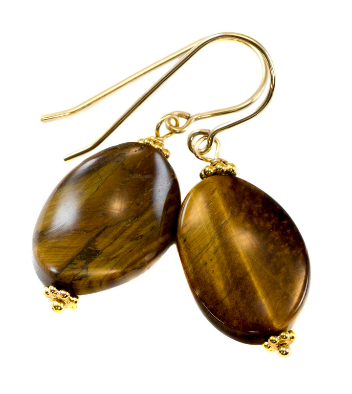 Tiger's Eye Earrings Smooth Curved Oval dangles Sterling Silver or 14k Solid Yellow Gold or Filled Spyglass Designs Natural Tiger Eye