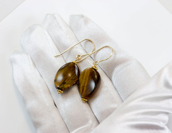 Tiger's Eye Earrings Smooth Curved Oval dangles Sterling Silver or 14k Solid Yellow Gold or Filled Spyglass Designs Natural Tiger Eye
