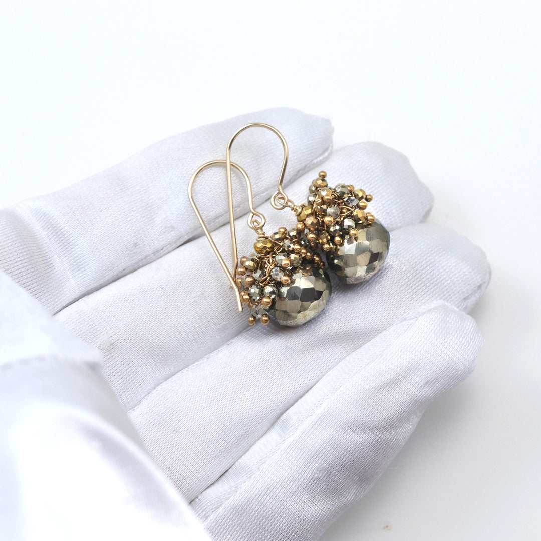 Natural Pyrite Earrings 14k solid gold or filled  Natural faceted onion Teardrops Cluster Style Simple Earthy Neutral drops Spyglass Designs