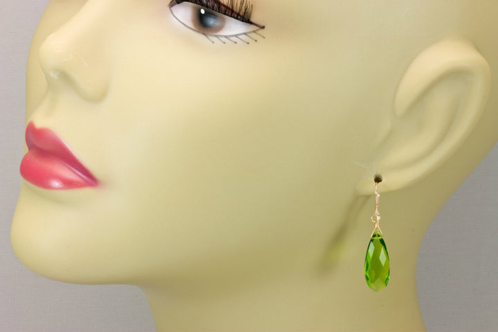 Green Peridot Faceted Earrings Long Teardrop Sim Quartz Cut Sterling Silver or 14k Solid Gold  or Yellow or Rose Filled Simple Drops