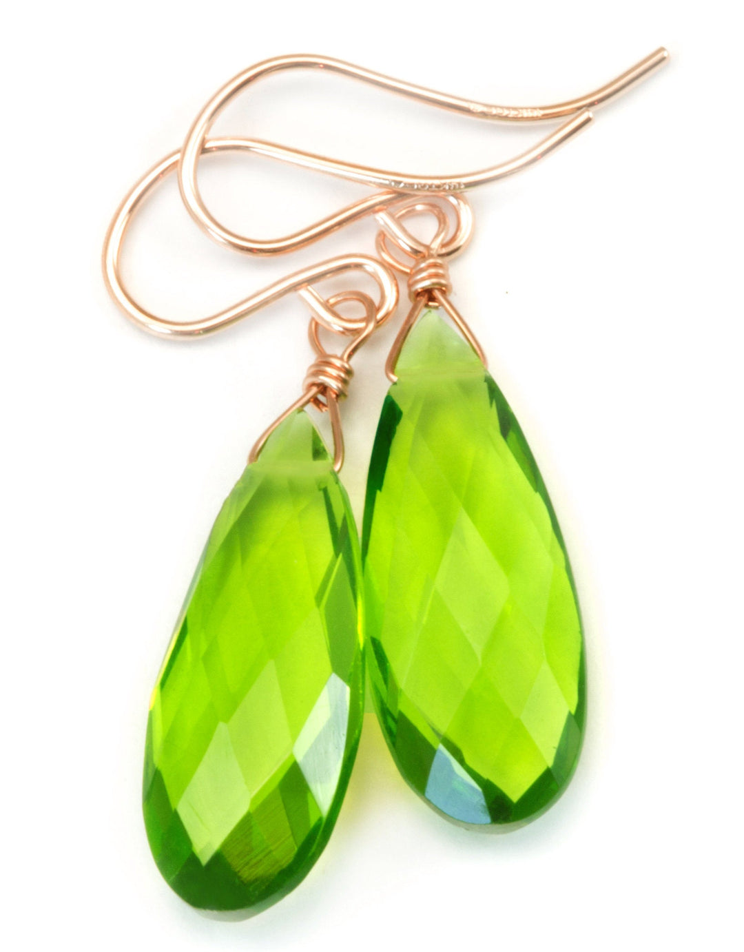 Green Peridot Faceted Earrings Long Teardrop Sim Quartz Cut Sterling Silver or 14k Solid Gold  or Yellow or Rose Filled Simple Drops