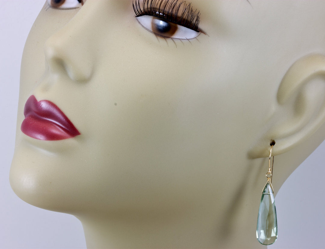 Green Amethyst Earrings Prasiolite Faceted AAA Pear Teardrop 14k Solid Gold or Filled or Sterling Silver Long Drop Classic Briolettes