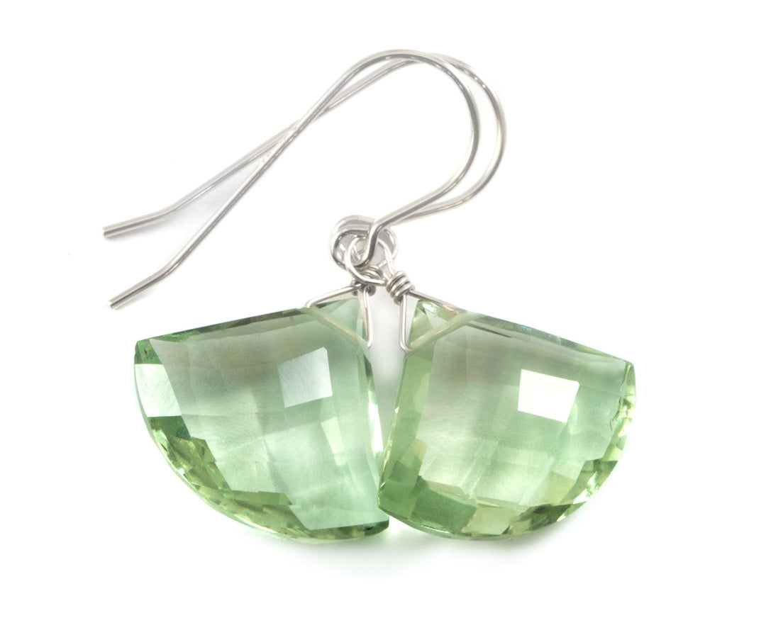 Green Amethyst Earrings Prasiolite Faceted AAA Briolette Fan Shape 14k Solid Gold or Filled or Sterling Silver Simply Daily Soft Green Drops