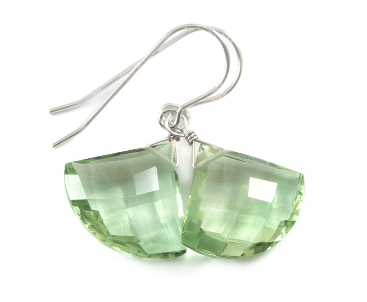Green Amethyst Earrings Prasiolite Faceted AAA Briolette Fan Shape 14k Solid Gold or Filled or Sterling Silver Simply Daily Soft Green Drops
