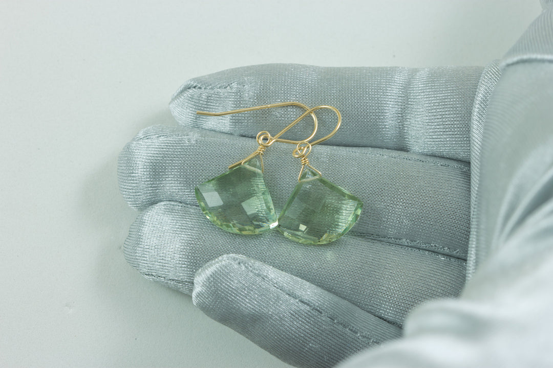 Green Amethyst Earrings Prasiolite Faceted AAA Briolette Fan Shape 14k Solid Gold or Filled or Sterling Silver Simply Daily Soft Green Drops
