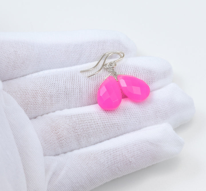 Neon Pink Chalcedony Earrings AAA Faceted Briolette Drops 14k Solid Gold or Filled or Sterling Silver Pear Fuchsia Magenta Simple Drops