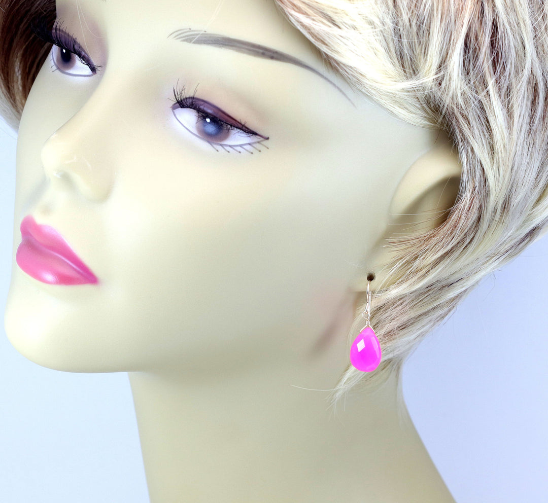 Neon Pink Chalcedony Earrings AAA Faceted Briolette Drops 14k Solid Gold or Filled or Sterling Silver Pear Fuchsia Magenta Simple Drops