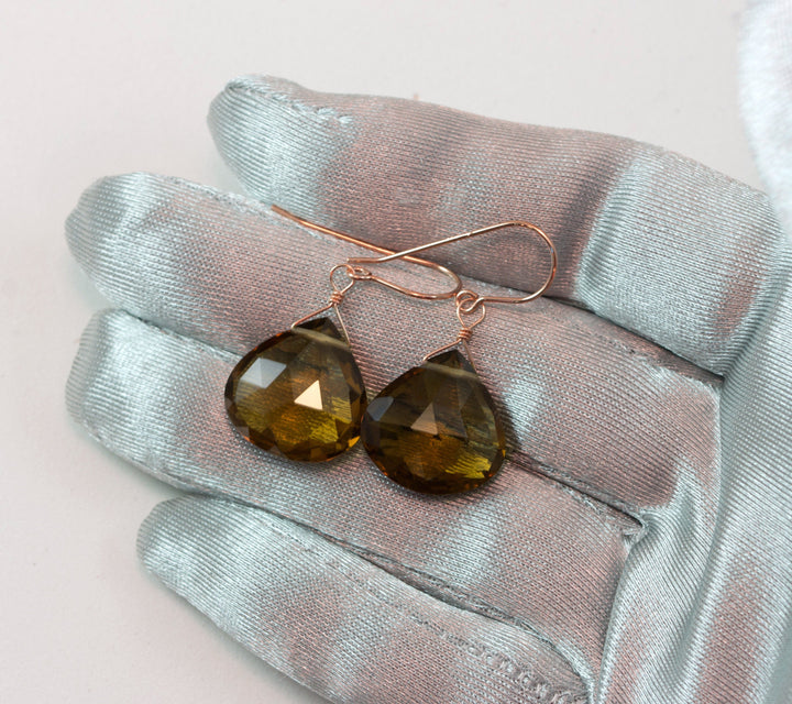 Whiskey Cognac Smoky Quartz Earrings Large Heart Sterling Silver or 14k Solid Gold or Yellow or Rose Filled Teardrop Natural Classic Drops