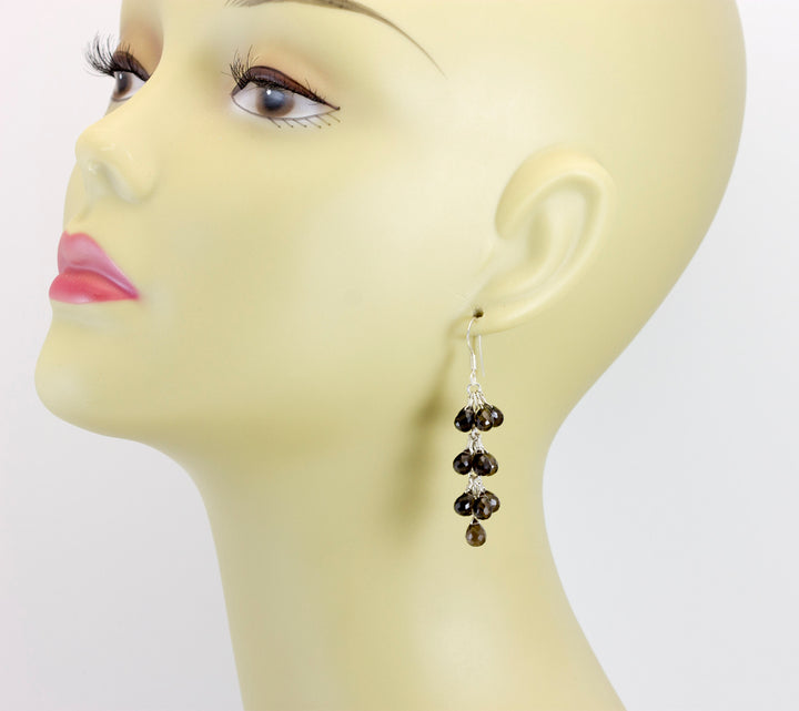 Smoky Grey Quartz Earrings Cluster Style Sterling Silver or 14k Solid Gold Micro Faceted Briolettes Chandelier Natural Smokey 2 Inch Long