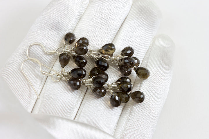 Smoky Grey Quartz Earrings Cluster Style Sterling Silver or 14k Solid Gold Micro Faceted Briolettes Chandelier Natural Smokey 2 Inch Long