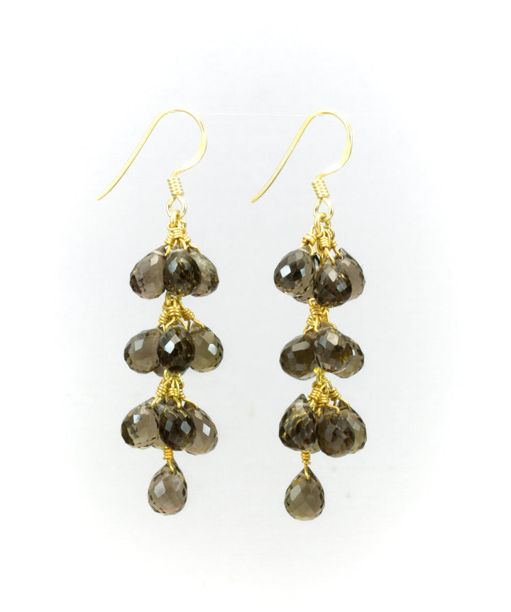 Smoky Grey Quartz Earrings Cluster Style Sterling Silver or 14k Solid Gold Micro Faceted Briolettes Chandelier Natural Smokey 2 Inch Long