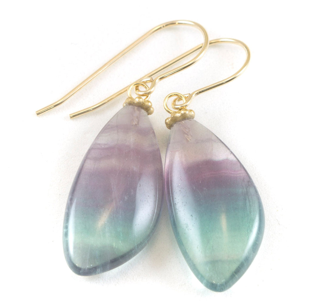 Fluorite Earrings Smooth Teardrop Sterling Silver or 14k solid gold or filled Flourite Natural Purple Striped Curved Teal Purple Green Drops
