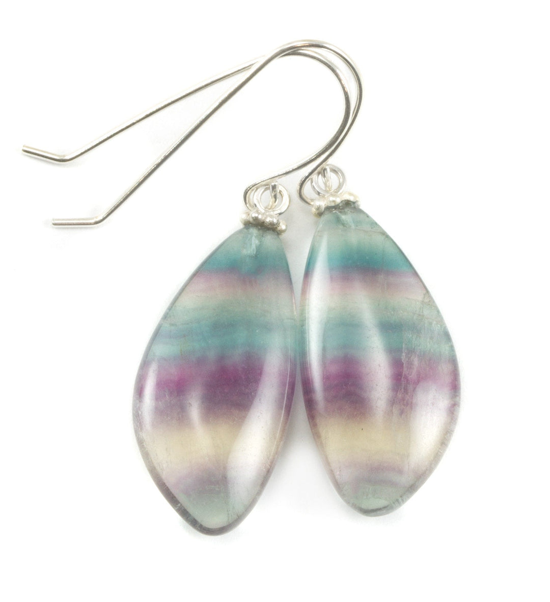 Fluorite Earrings Smooth Teardrop Sterling Silver or 14k solid gold or filled Flourite Natural Purple Striped Curved Teal Purple Green Drops