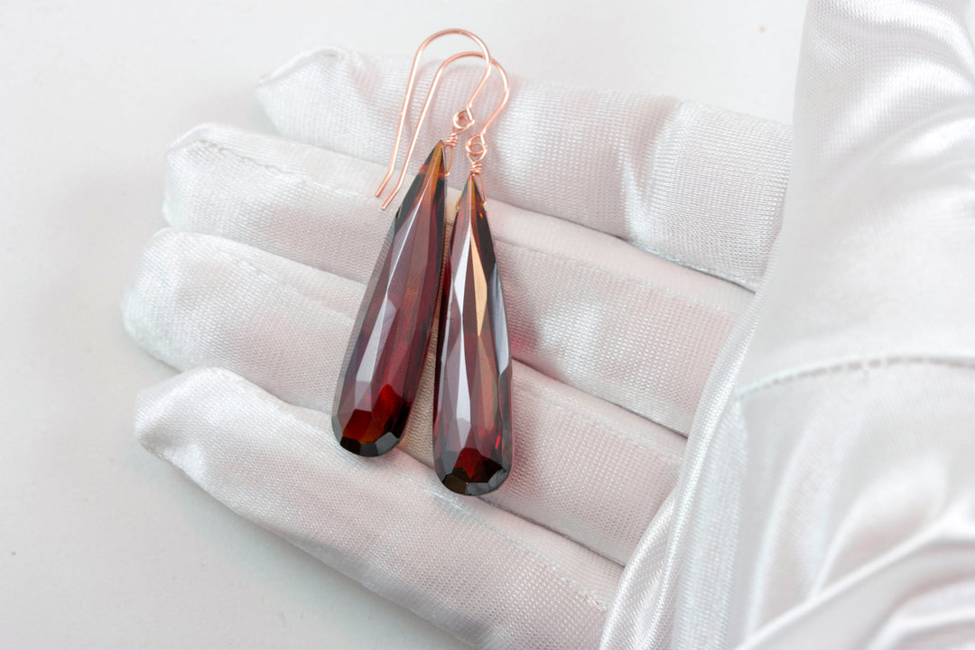 Deep Red Simulated Garnet Earrings Faceted Large Long Drop Dangle 14k Solid Yellow Gold or Yellow or Rose Filled or Sterling Silver Drops 2