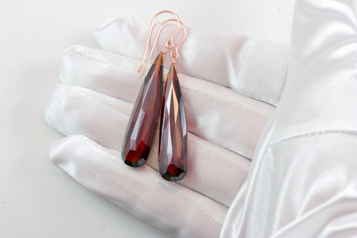 Deep Red Simulated Garnet Earrings Faceted Large Long Drop Dangle 14k Solid Yellow Gold or Yellow or Rose Filled or Sterling Silver Drops 2