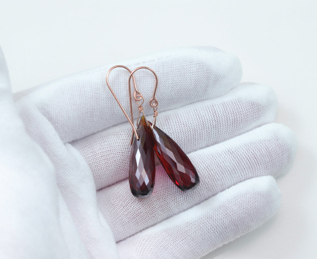 Deep Red Simulated Garnet Earrings Large Briolette Rounded Drop Dangle 14k Solid Gold or Yellow or Rose Filled or Sterling Silver Classic