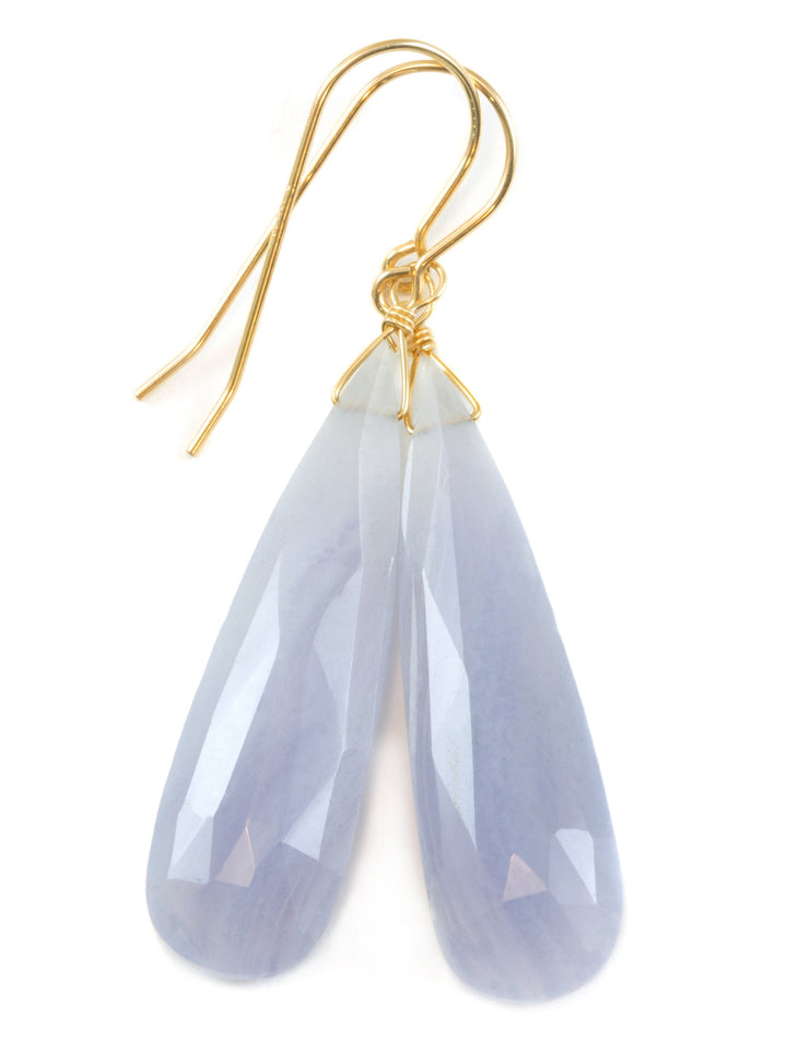 Blue Lace Agate Earrings 14k solid gold or filled or Sterling Silver Smooth Long Dangle Drops Natural Banding Soft blue Simple Drops 2.3 In