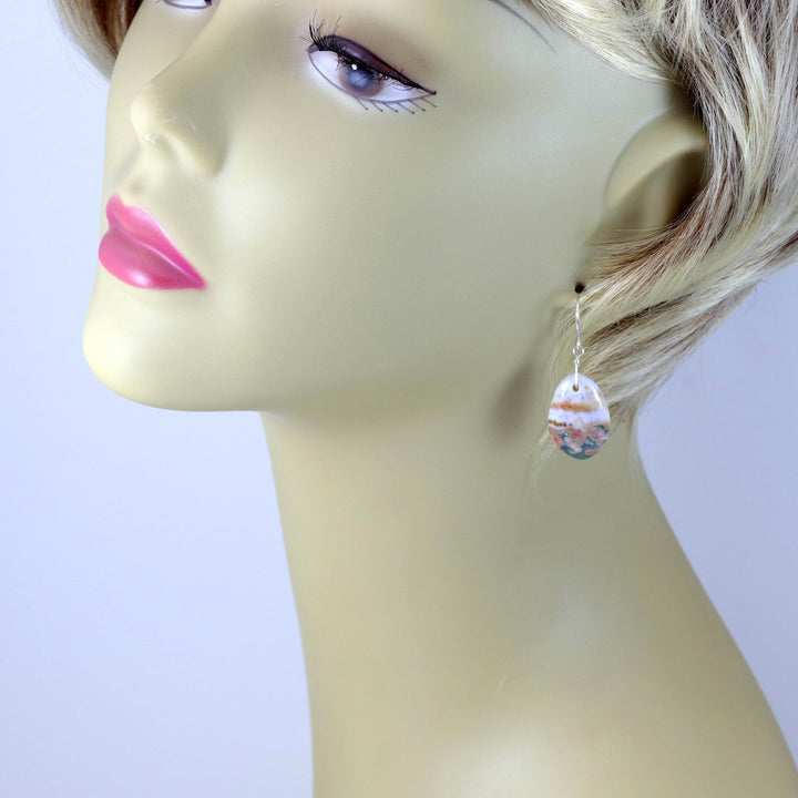Pink Ocean Jasper Earrings Green Soft Pink Circles 14k solid gold or filled or Sterling Silver Off Round Smooth Dangle Natural Simple Drop