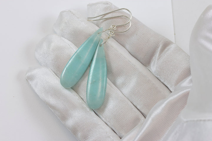 Amazonite Earrings Blue Aqua Smooth Finish Long Teardrop Briolette Sterling Silver or 14k Solid Gold or Filled Pale Soft Blue  2.3"