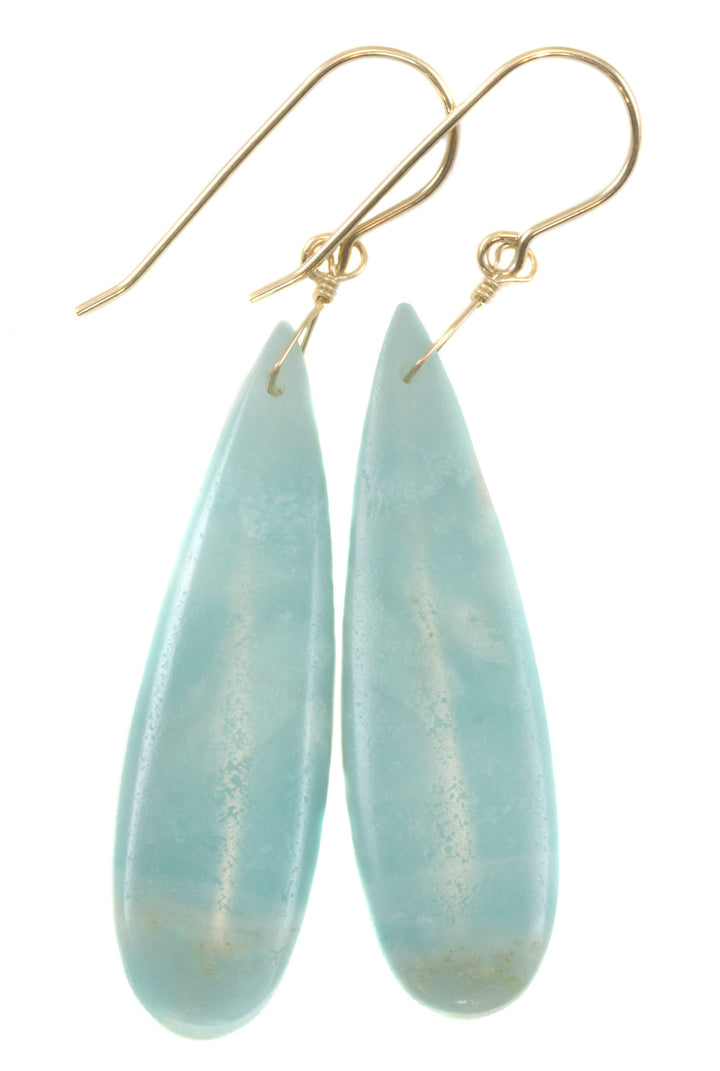 Amazonite Earrings Blue Aqua Smooth Finish Long Teardrop Briolette Sterling Silver or 14k Solid Gold or Filled Pale Soft Blue  2.3"