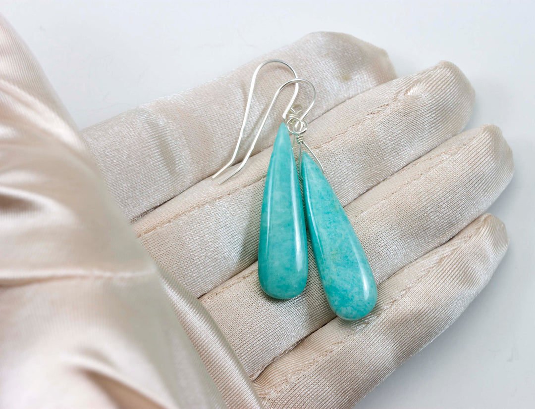 Amazonite Earrings Blue Aqua Smooth Finish Long Teardrop Briolette Sterling Silver or 14k Solid Gold or Filled Pale Soft Blue  2 Inch