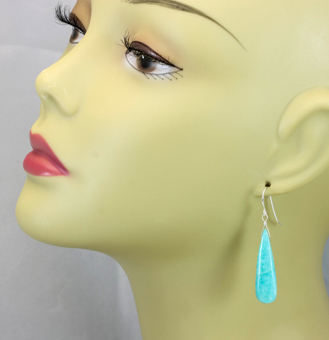 Amazonite Earrings Blue Aqua Smooth Finish Long Teardrop Briolette Sterling Silver or 14k Solid Gold or Filled Pale Soft Blue  2 Inch