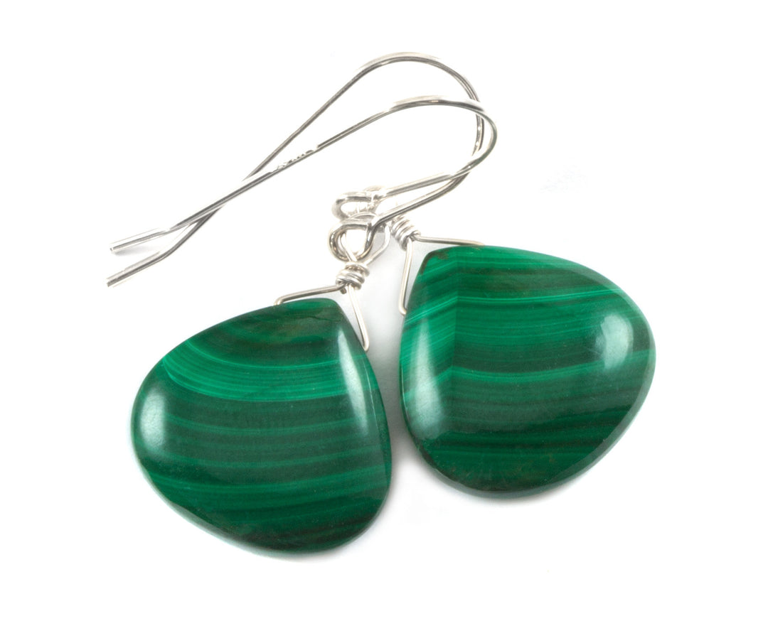 Malachite Earrings Green Heart smooth Natural Dangle Drops Sterling Silver or 14k Solid Yellow Gold or Rose or Yellow Filled simple design