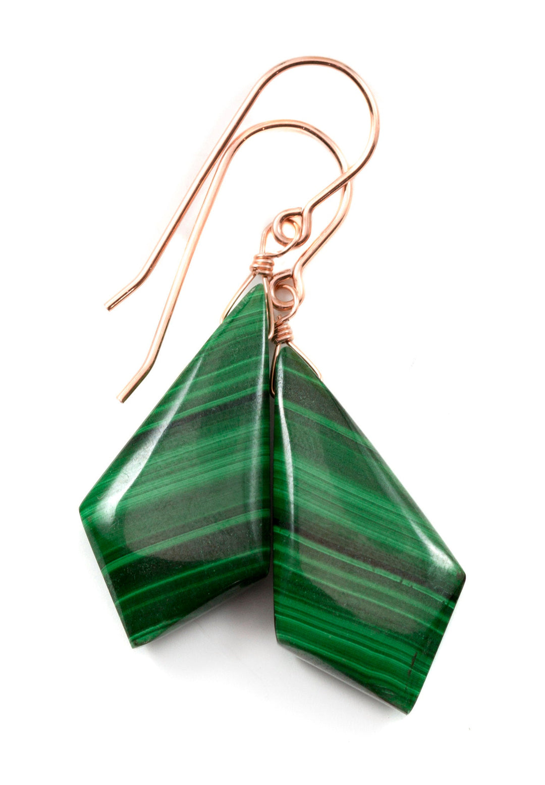 Green Malachite Earrings Green Long smooth Natural Dangle Drops Sterling Silver or 14k Solid Gold or Yellow or Rose Filled simple Triangle