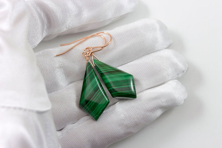 Green Malachite Earrings Green Long smooth Natural Dangle Drops Sterling Silver or 14k Solid Gold or Yellow or Rose Filled simple Triangle