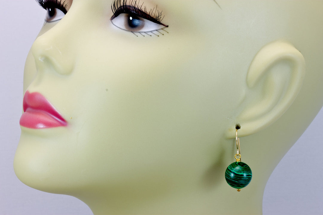 Malachite Earrings Green Round 12mm Dangle Drops Sterling Silver or 14k Gold Filled Classic Shape Simple Daily Wear Spyglass Designs