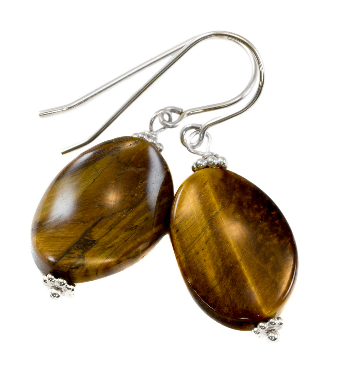 Tiger's Eye Earrings Smooth Curved Oval dangles Sterling Silver or 14k Solid Yellow Gold or Filled Spyglass Designs Natural Tiger Eye