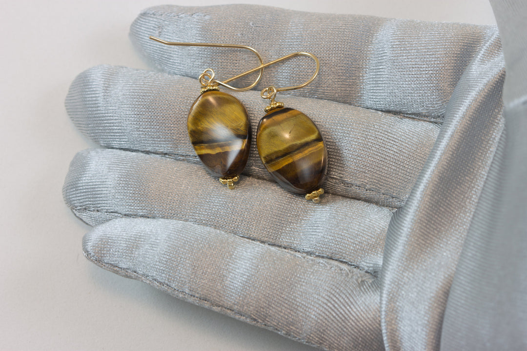 Tiger's Eye Earrings Smooth Curved Oval dangles Sterling Silver or 14k Solid Yellow Gold or Filled Spyglass Designs Natural Tiger Eye