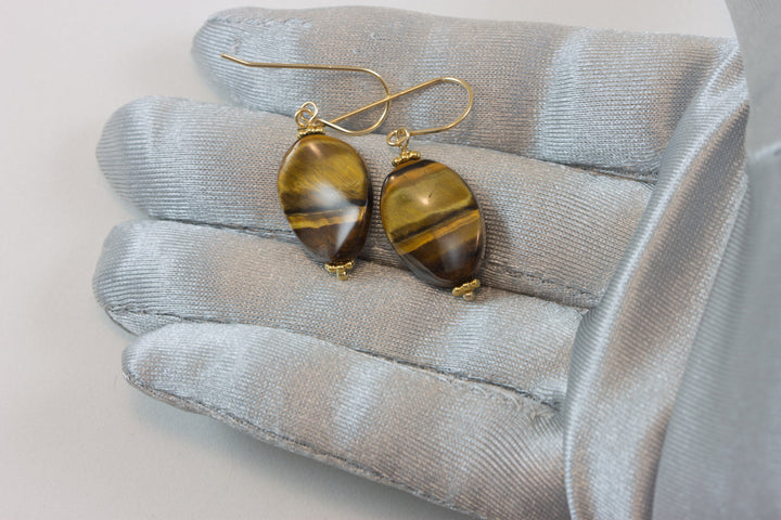 Tiger's Eye Earrings Smooth Curved Oval dangles Sterling Silver or 14k Solid Yellow Gold or Filled Spyglass Designs Natural Tiger Eye