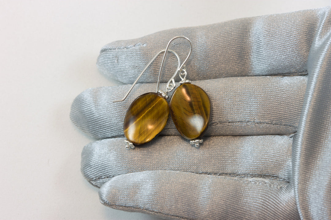 Tiger's Eye Earrings Smooth Curved Oval dangles Sterling Silver or 14k Solid Yellow Gold or Filled Spyglass Designs Natural Tiger Eye