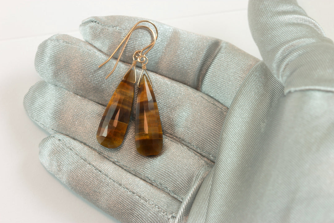 Tiger's Eye Earrings Faceted Long Teardrop dangle drop 14k Solid Gold or Filled or Sterling silver AAA Striped Golden color Large Natural