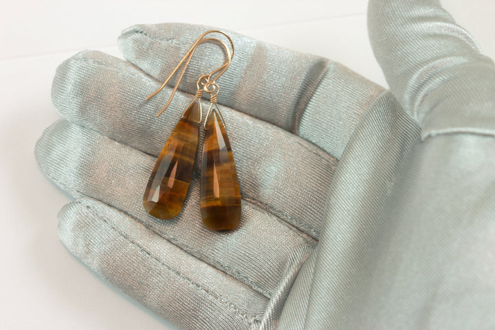 Tiger's Eye Earrings Faceted Long Teardrop dangle drop 14k Solid Gold or Filled or Sterling silver AAA Striped Golden color Large Natural