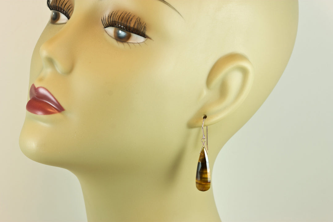 Tiger's Eye Earrings Faceted Long Teardrop dangle drop 14k Solid Gold or Filled or Sterling silver AAA Striped Golden color Large Natural