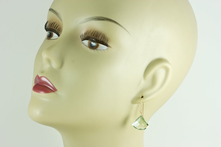 Green Amethyst Earrings Prasiolite Faceted AAA Briolette Fan Shape 14k Solid Gold or Filled or Sterling Silver Simply Daily Soft Green Drops