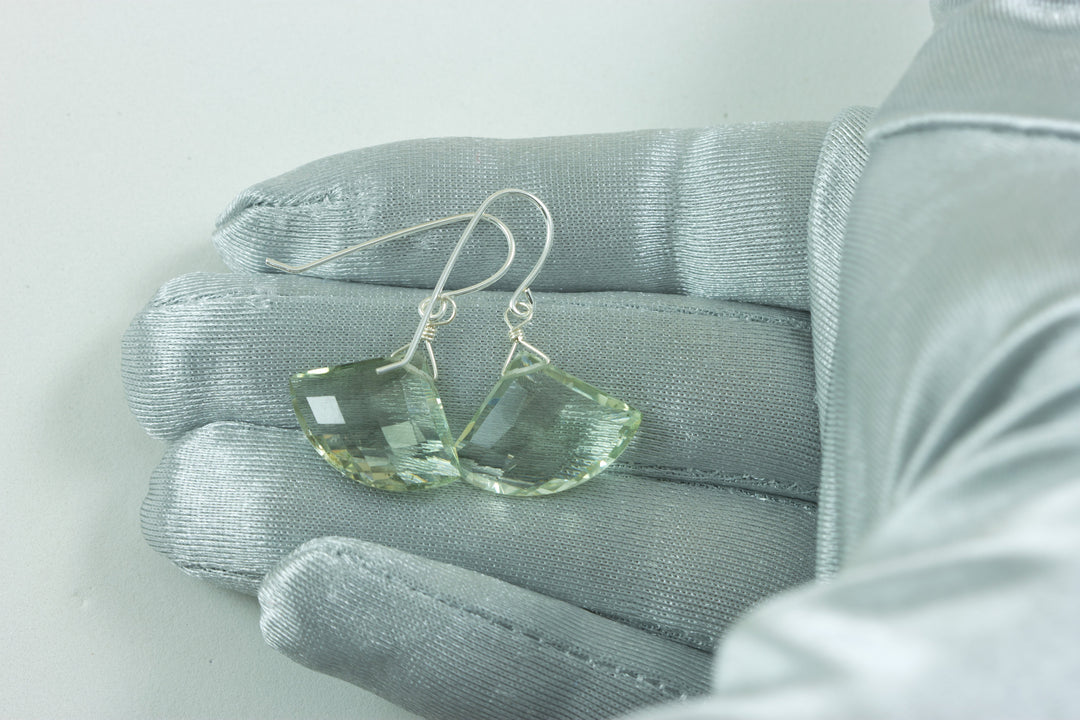 Green Amethyst Earrings Prasiolite Faceted AAA Briolette Fan Shape 14k Solid Gold or Filled or Sterling Silver Simply Daily Soft Green Drops