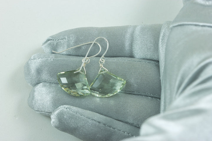 Green Amethyst Earrings Prasiolite Faceted AAA Briolette Fan Shape 14k Solid Gold or Filled or Sterling Silver Simply Daily Soft Green Drops