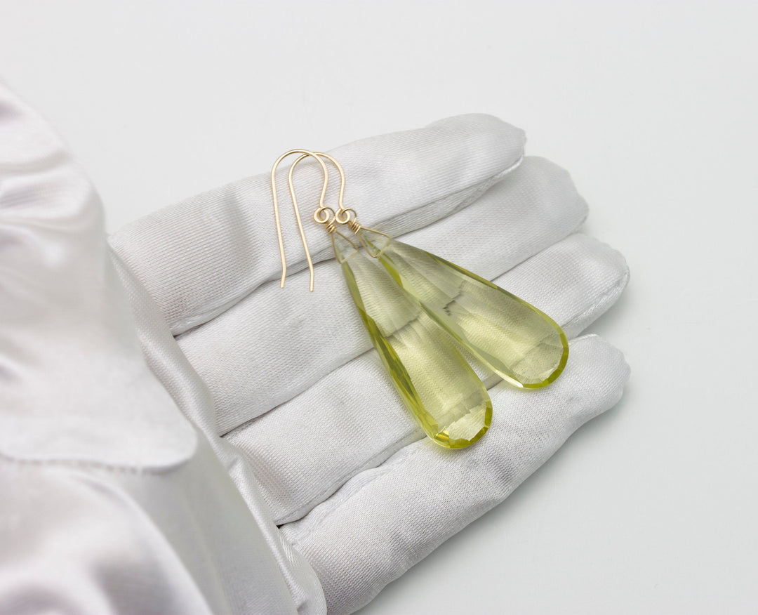 Lemon Yellow Quartz Earrings X Large Long Teardrop Faceted Sterling Silver or 14k Solid Yellow Gold or Yellow or Rose Filled Simple Dangles
