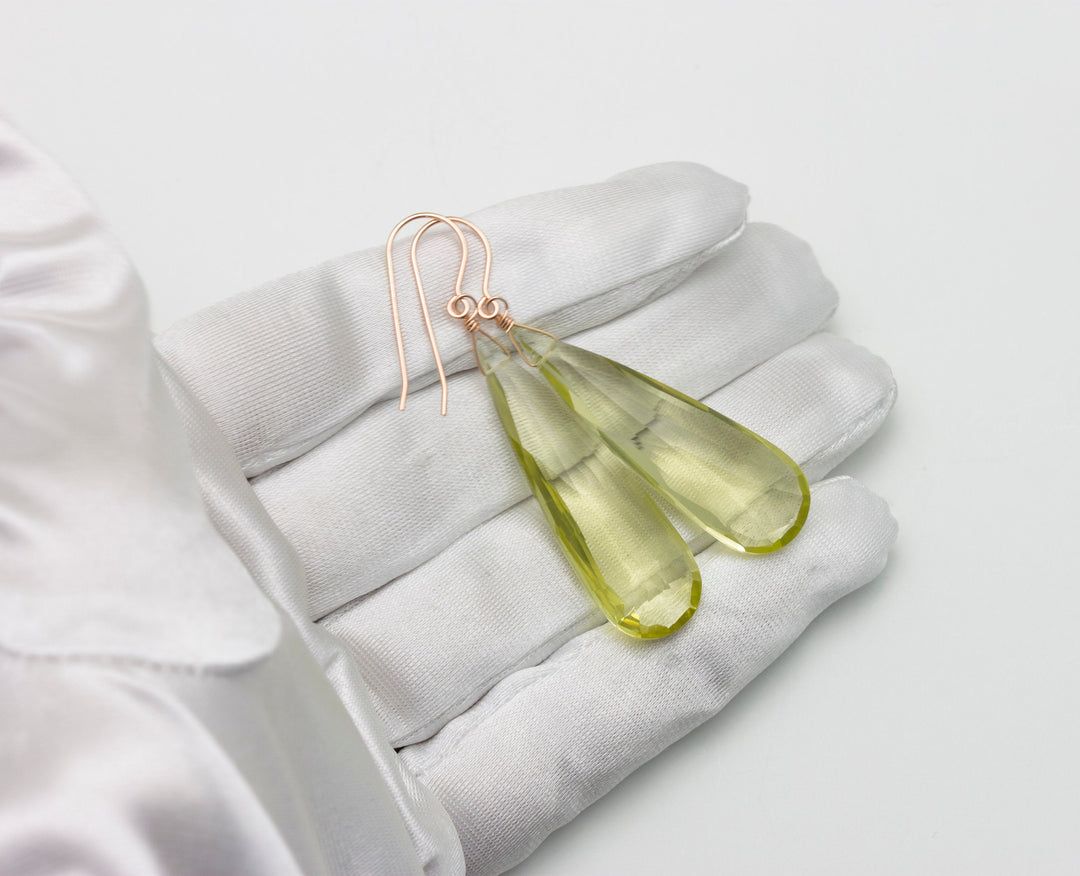 Lemon Yellow Quartz Earrings X Large Long Teardrop Faceted Sterling Silver or 14k Solid Yellow Gold or Yellow or Rose Filled Simple Dangles