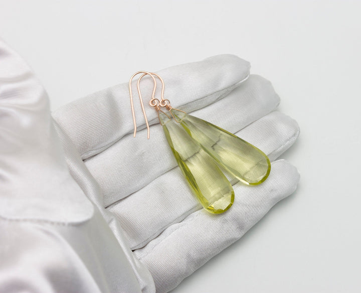 Lemon Yellow Quartz Earrings X Large Long Teardrop Faceted Sterling Silver or 14k Solid Yellow Gold or Yellow or Rose Filled Simple Dangles