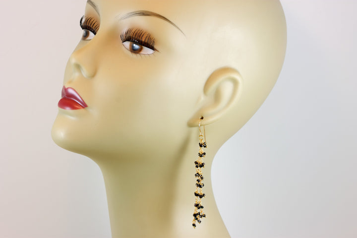Black Spinel Earrings 14k Solid Gold or Filled Cluster Style Faceted Long 2.5 Inches Chandelier Long Movement Spyglass Designs